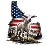 Lamb standing on an Idaho-shaped American flag