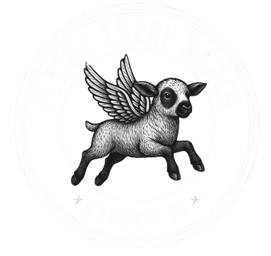 Flying Sheep Ranch logo: a winged lamb, Carmen, Idaho